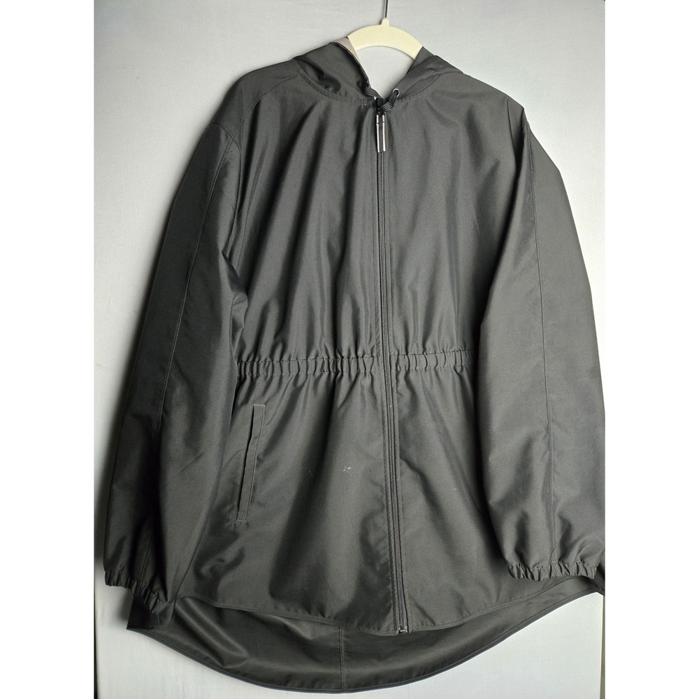 St. Johns Bay Womens Black Hooded Windbreaker Jacket 1X Full Zip Cinched Waist